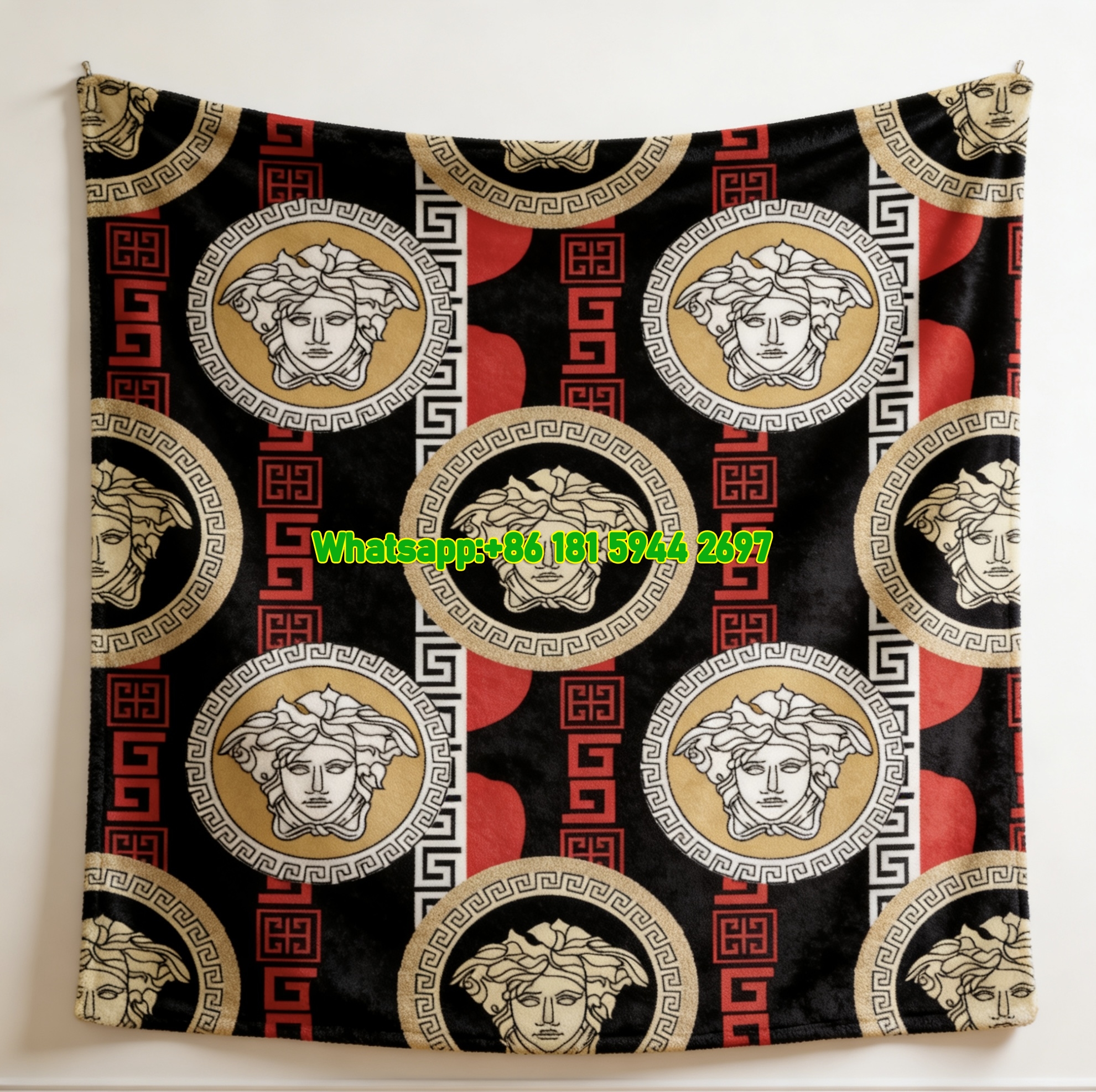 Versace Black Red and Gold Medusa Greek Key Print Flannel Throw Blanket IMG_1477
